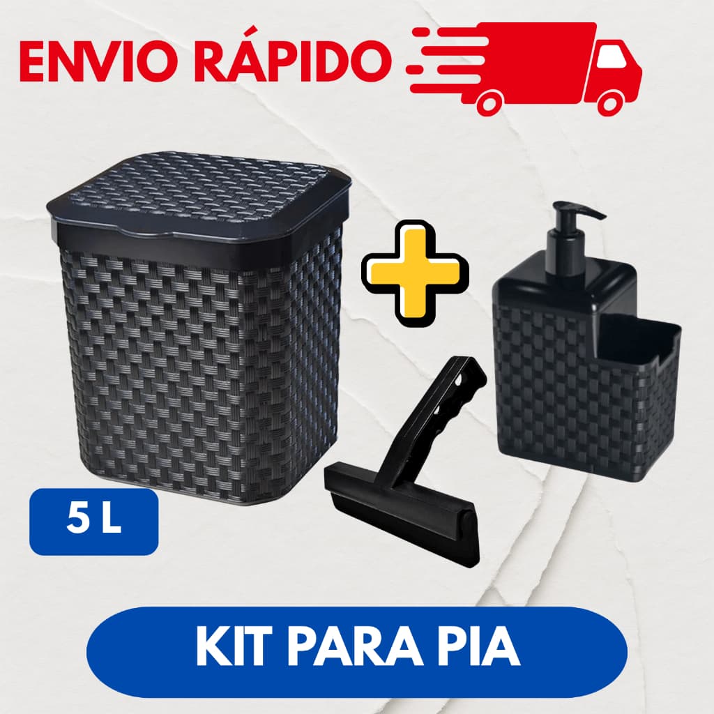 Kit Pia cozinha lixeira rattan 5 litros dispenser detergente rodinho de pia preto alta qualidade resistente original