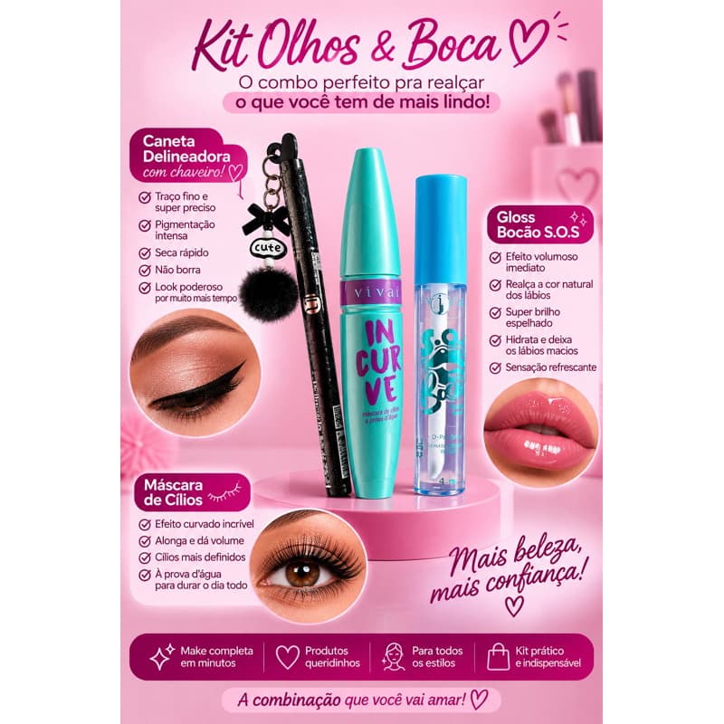 Delineador com Chaveiro + Gloss Bocão S.O.S + Máscara de Cílios✨ Kit Maquiagem Olhos e Boca
