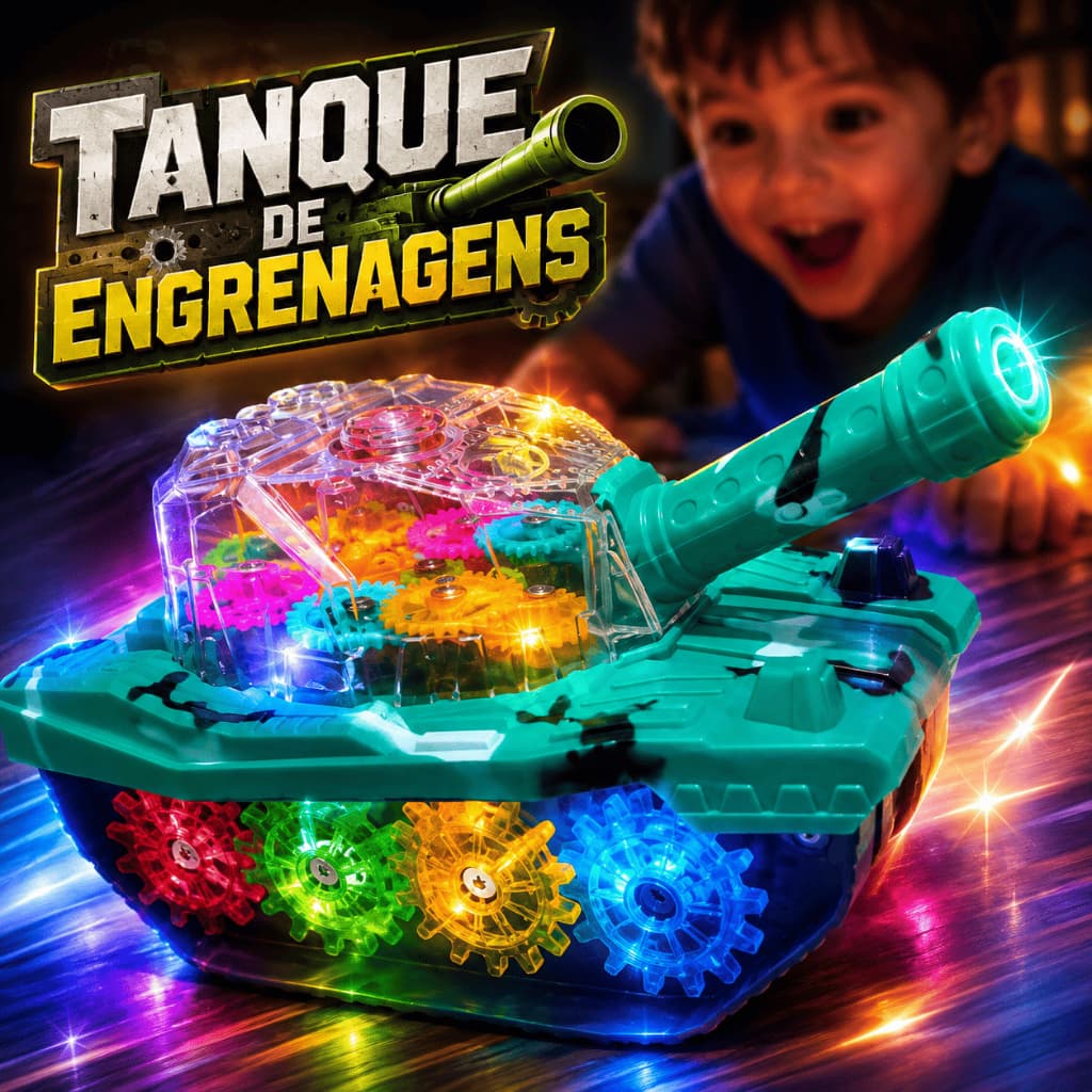 Tanque de Guerra Infantil com Engrenagens Móveis Luzes Música Anda Sozinho Brinquedo