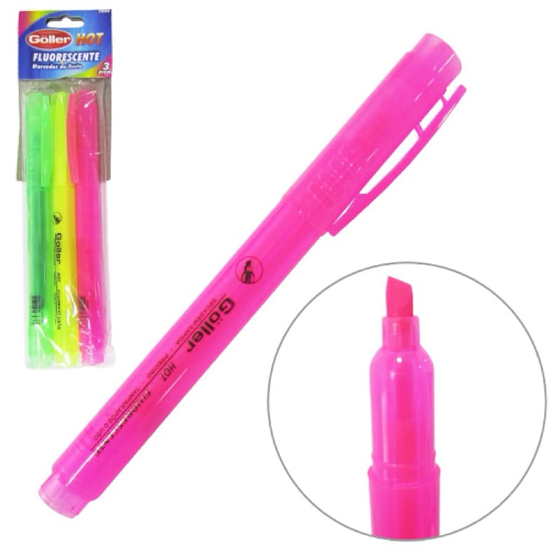 CANETA MARCA TEXTO AMARELO / ROSA / VERDE FLUORESCENTE HOT COM 3 PECAS