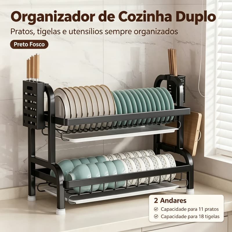 Escorredor de Louças 2 Andares Organizador de Cozinha Porta Pratos Tigelas Talheres Preto Fosco Grande Capacidade