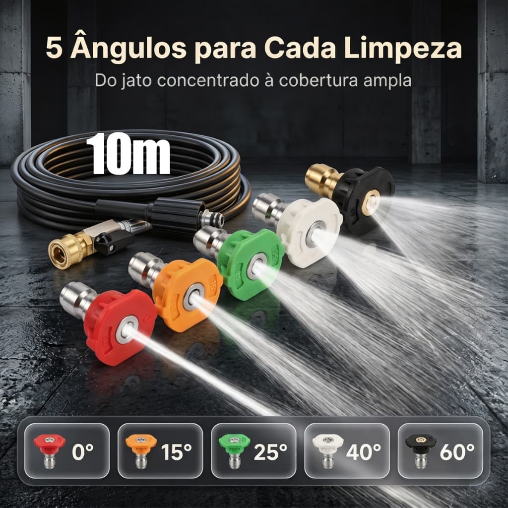 Mangueira de Alta Pressão 10m com 5 Bicos Jato, Válvula Manual, Conexão Rápida para Lavadora de Pressão, Lavar Carro
