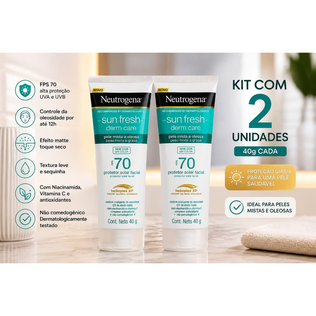 Kit 2 Protetor Solar Facial Neutrogena Sun Fresh Derm Care FPS 70 40g Sem Cor Pele Mista Oleosa