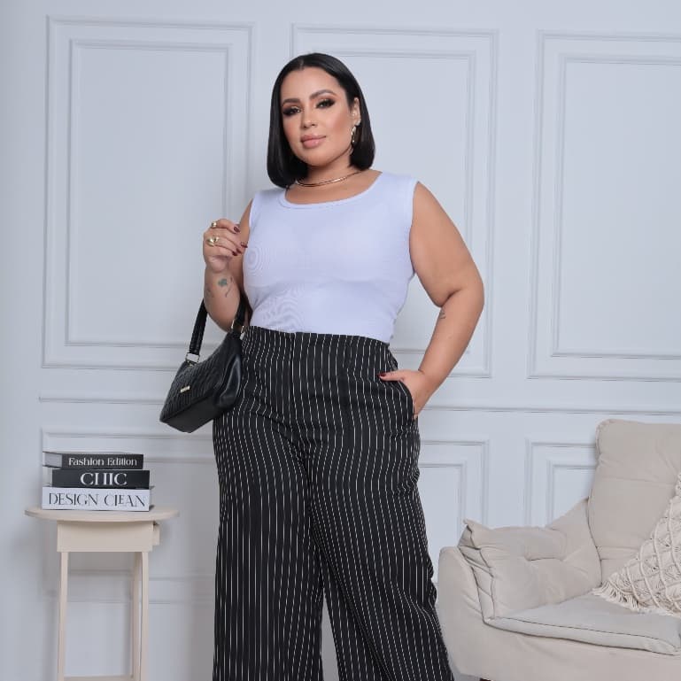 Calça pantalona plus size listrada de cintura alta com bolsos/COD:CA03 (LIS)