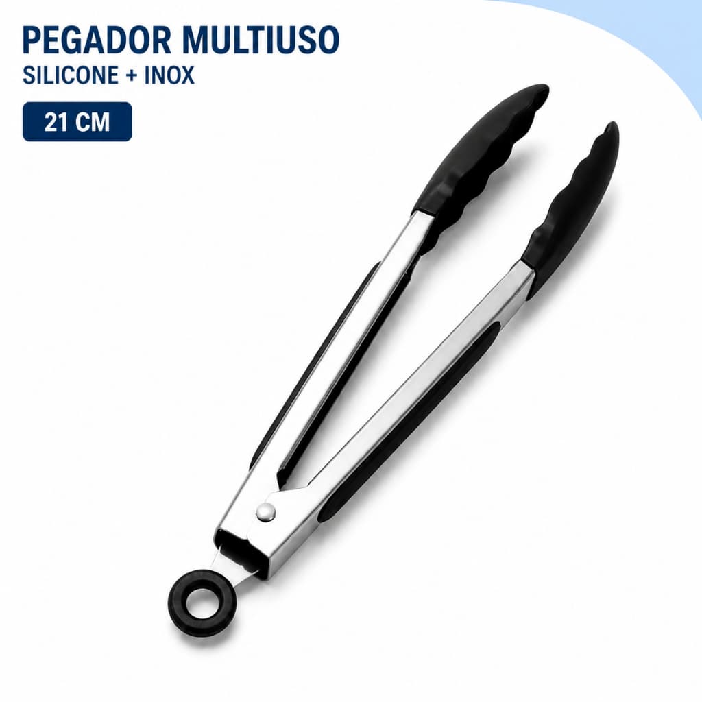 Pegador de Silicone e Inox 21cm Multiuso para Churrasco Saladas Massas e Frituras