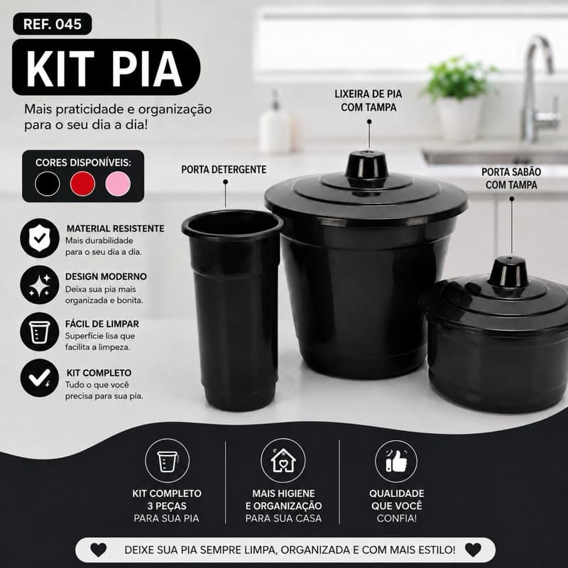 Kit Pia 3 Peças Organizador de Plástico Para Cozinha Com Cesto Lixo Porta Esponja e Porta Detergente