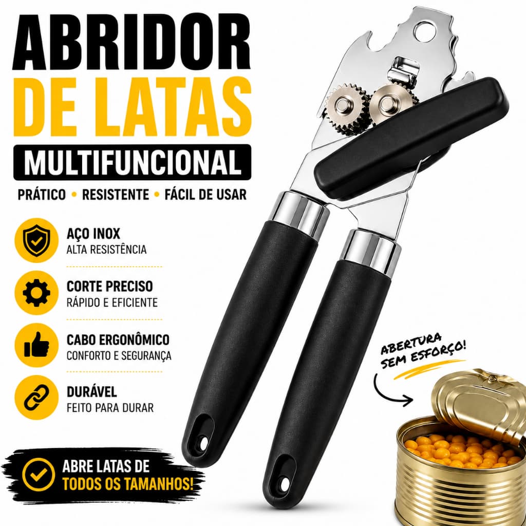 Abridor de Latas Manual Multifuncional Aço Inox Abridor de Garrafas e Latas Cabo Ergonômico