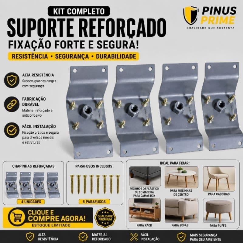 Kit Suporte Reforçado Chapinha para Pés de Móveis Camas Box Sofás