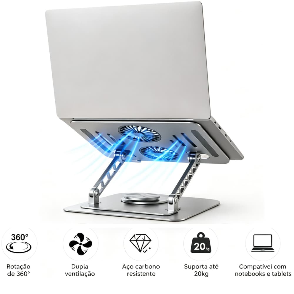 Suporte mesa pra Notebook Ajustável 360° com Cooler 2 Ventoinhas Base Ergonômica em Alumínio Refrigerada Ventilada Unive