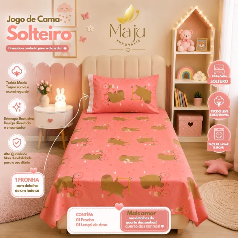 **Cobre Leito Cama Solteiro Capy com Fronha Detalhe em Lese – Tecido Oxford de Ótima Qualidade, Resistente e Estampado**