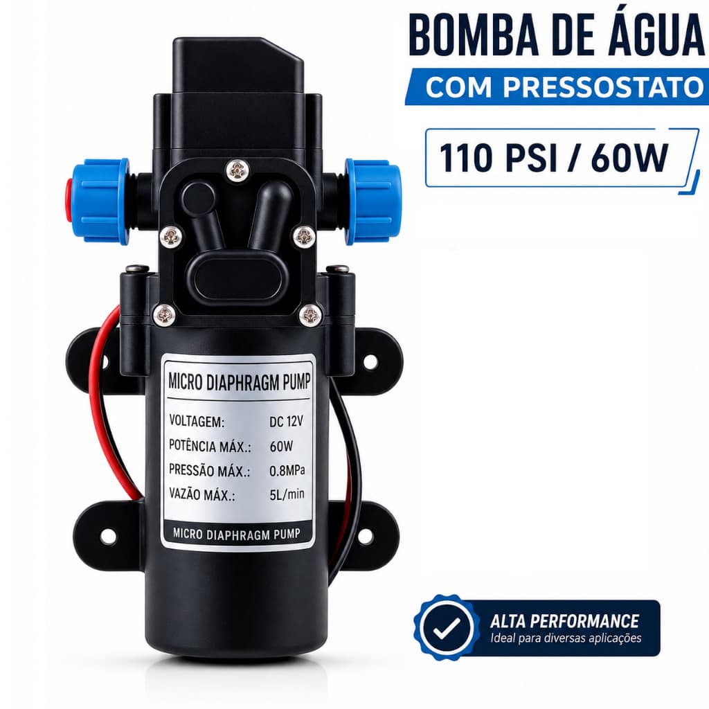 Bomba de Água 60w 110psi 12v Muito Forte Vazão 5L/m Pressão Pressostato - Oferta