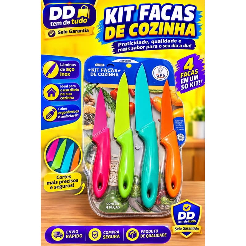 Kit Facas de Cozinha Coloridas Aço Inox 4 Peças Antiaderente