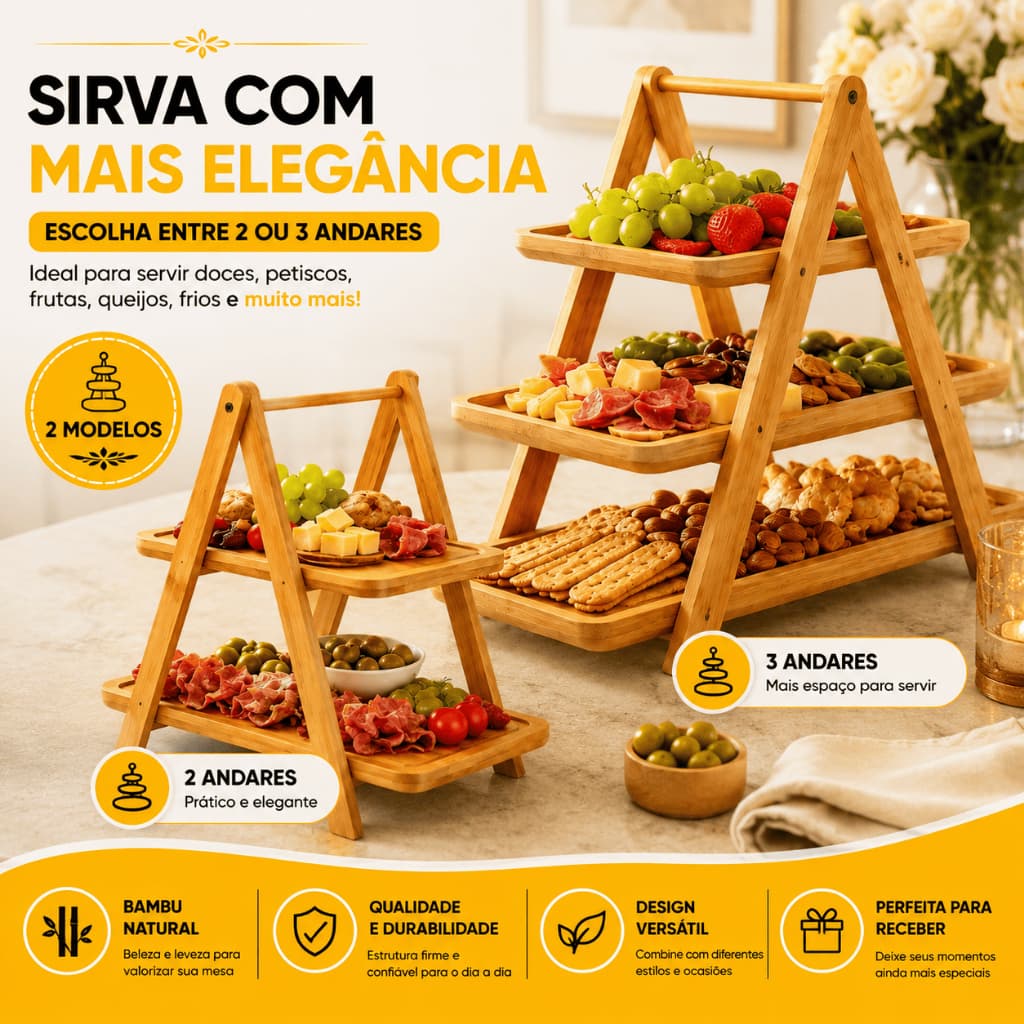 Expositor Petisqueira Bambu 2/3 Andares Bandeja Doces Frios Petiscos Mesa Posta ENVIO IMEDIATO