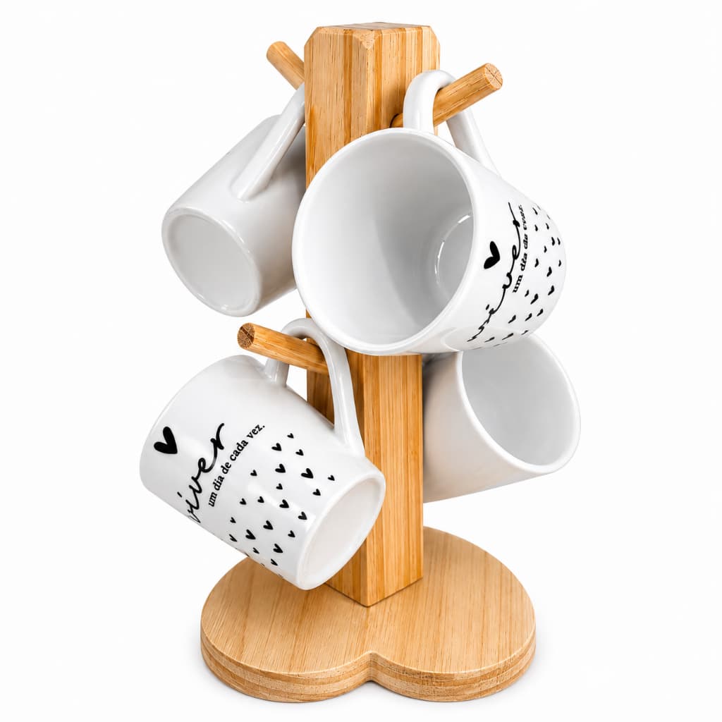 Kit 4 Xícaras 120ml para Café Expresso com Suporte de Madeira Decorativo