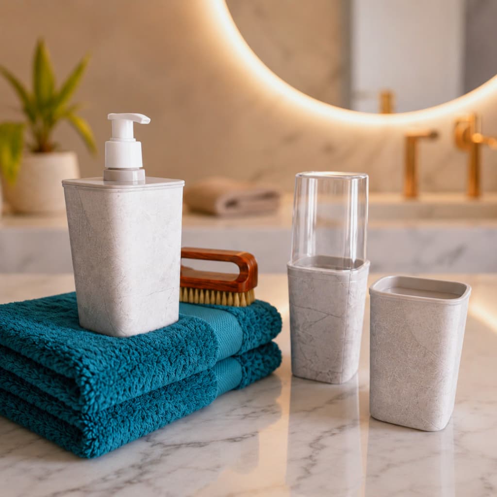Kit Banheiro Lavabo Conjunto Porta Escova Sabonete Liquido Porta Algodão Marmorizado