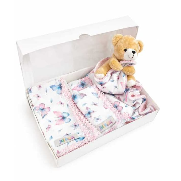 KIT BEBÊ COM FRALDAS + NANINHA URSO, fralda multiuso 70X70, 2 fraldas de boca 35X35 e naninha abraço de urso