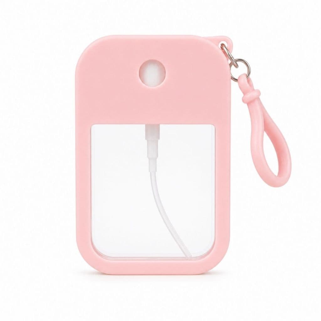 Frasco Spray Portátil Macaron Cartão com Capa de Silicone e Gancho Inferior - Rosa - 38ml