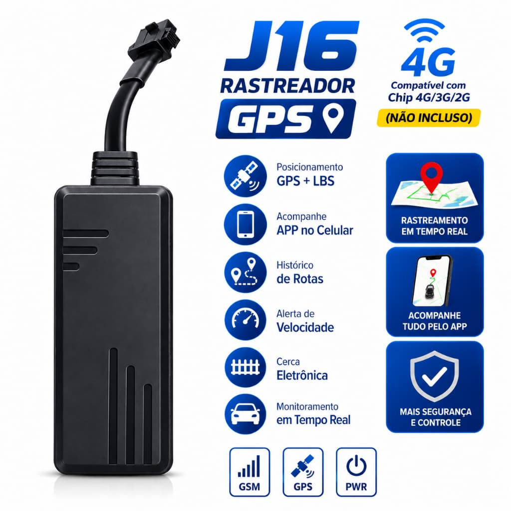 Rastreador GPS Veicular J16 4G Localizador em Tempo Real para Carro Moto Caminhão