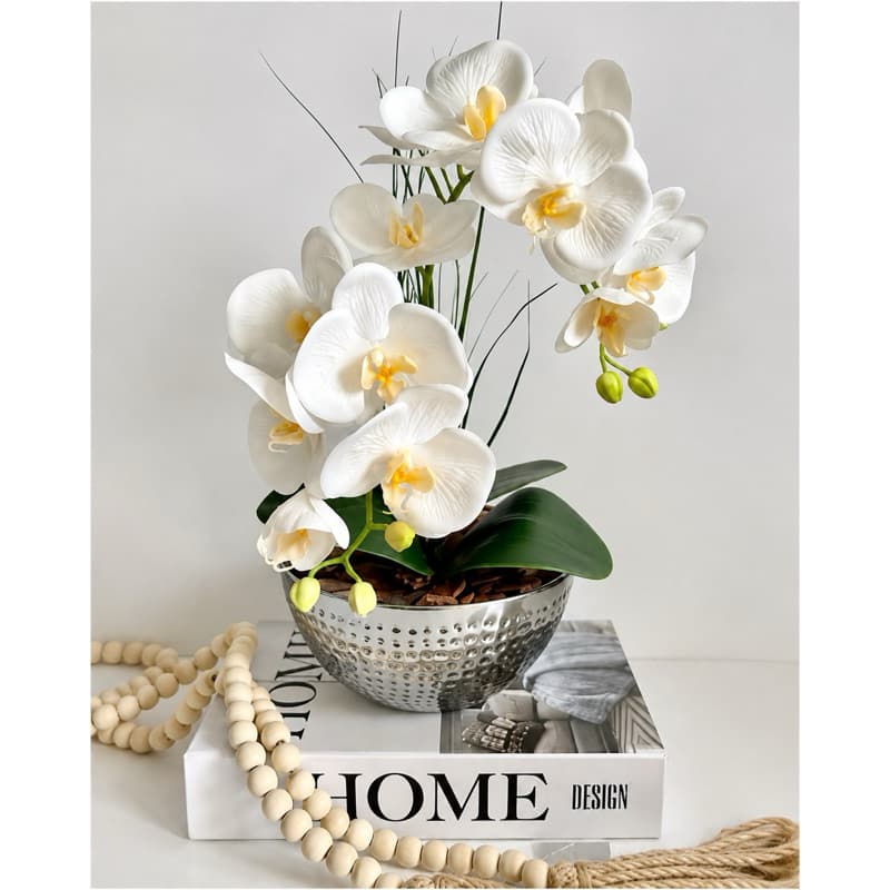 Arranjo de Orquídea Artificial Realista com Vaso de Inox Luxo – Decoração Sofisticada e Elegante