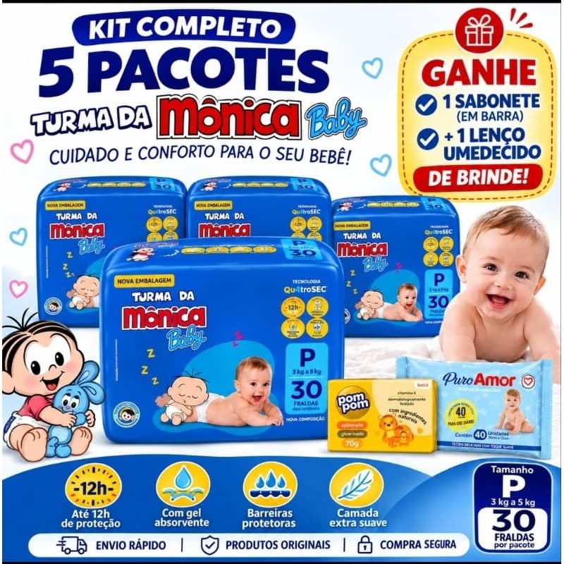 Fraldas Descartáveis + Sabonete e Lenço Umedecido | Promoção | P, M, G ou XG