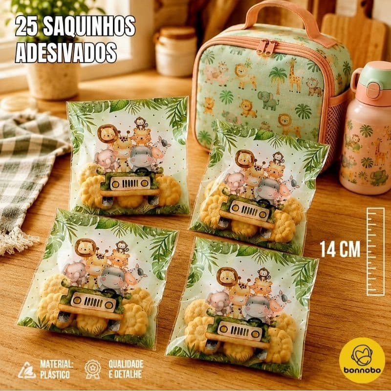 25 Saquinhos Adesivados 14 cm para Doces e Biscoitos com Bichinhos Safari Festa Infantil Aniversário