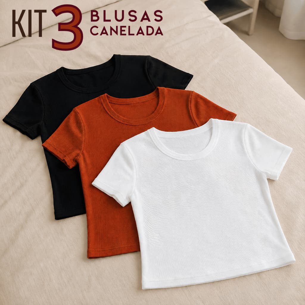 Kit 3 Blusa Feminina Elegante Camiseta Estilosa Feminina Canelada Premium