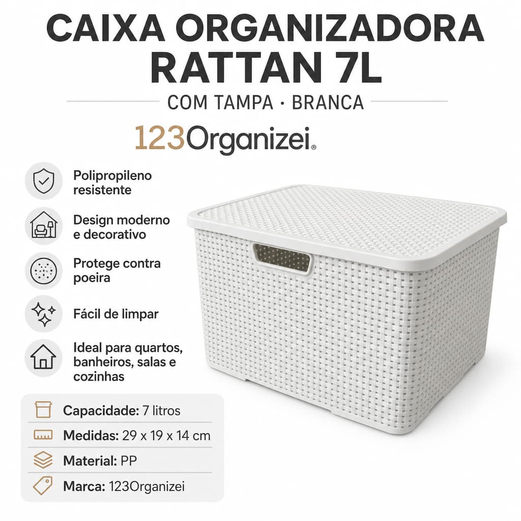 Caixa Organizadora Rattan 7L com Tampa Branca 123Organizei Cesto Organizador Multiuso