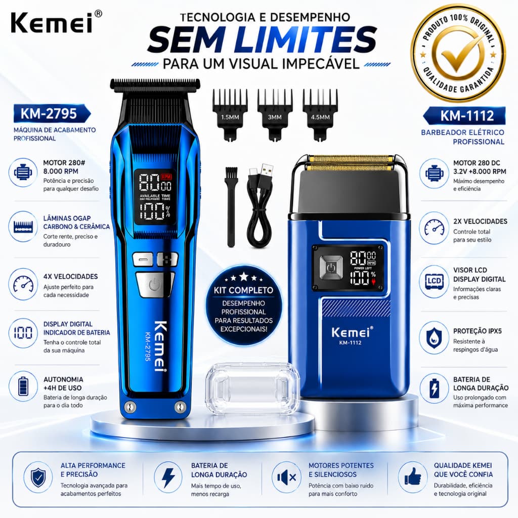 kit 2 Máquinas Kemei Máquina de Acabamento km-2795 8W 8000RPM+Barbeador km-1112 Proteção IPX5 Visor Display Profissional