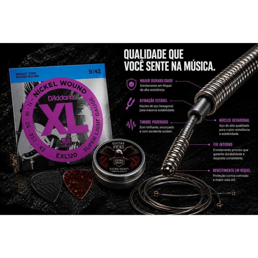 Cordas Guitarra D'Addario EXL120 09-42 + 2 Palhetas Brinde