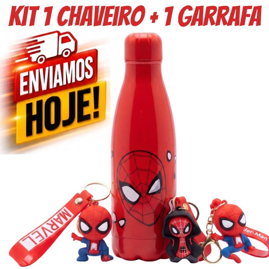 Kit Garrafa 600ml Homem Aranha + Chaveiro 3D Squeeze Volta às Aulas Escola e Passeio Alta Qualidade Envio Rápido
