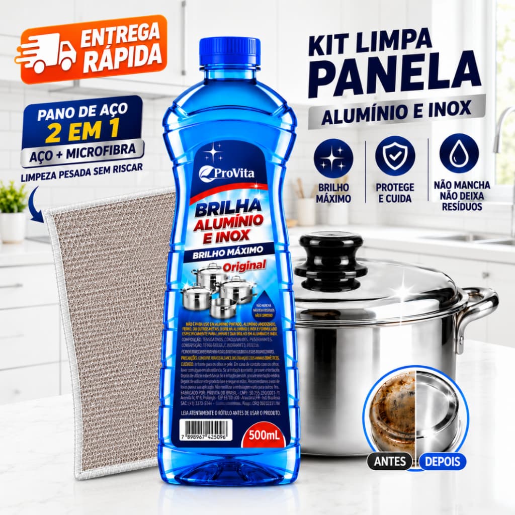 Kit Limpa Alumínio Inox 500ml + Pano Mágico Aço 2 em 1 Dá Brilho Remove Gordura Manchas Crostas Limpeza Pesada Panela