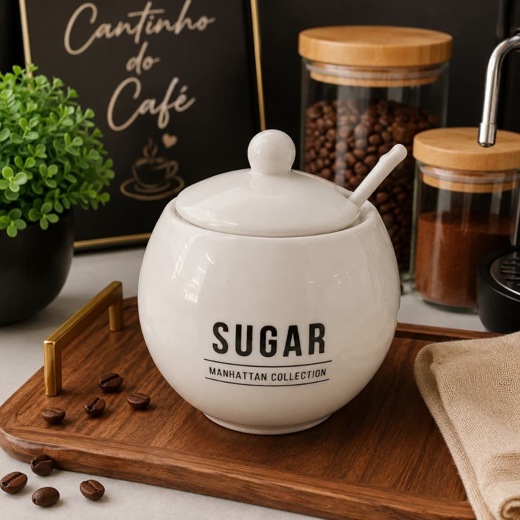 Açucareiro de Porcelana Preto 350ml com Colher - Porta Açúcar Linha Manhattan Sofisticado - Pote para Mesa e Café