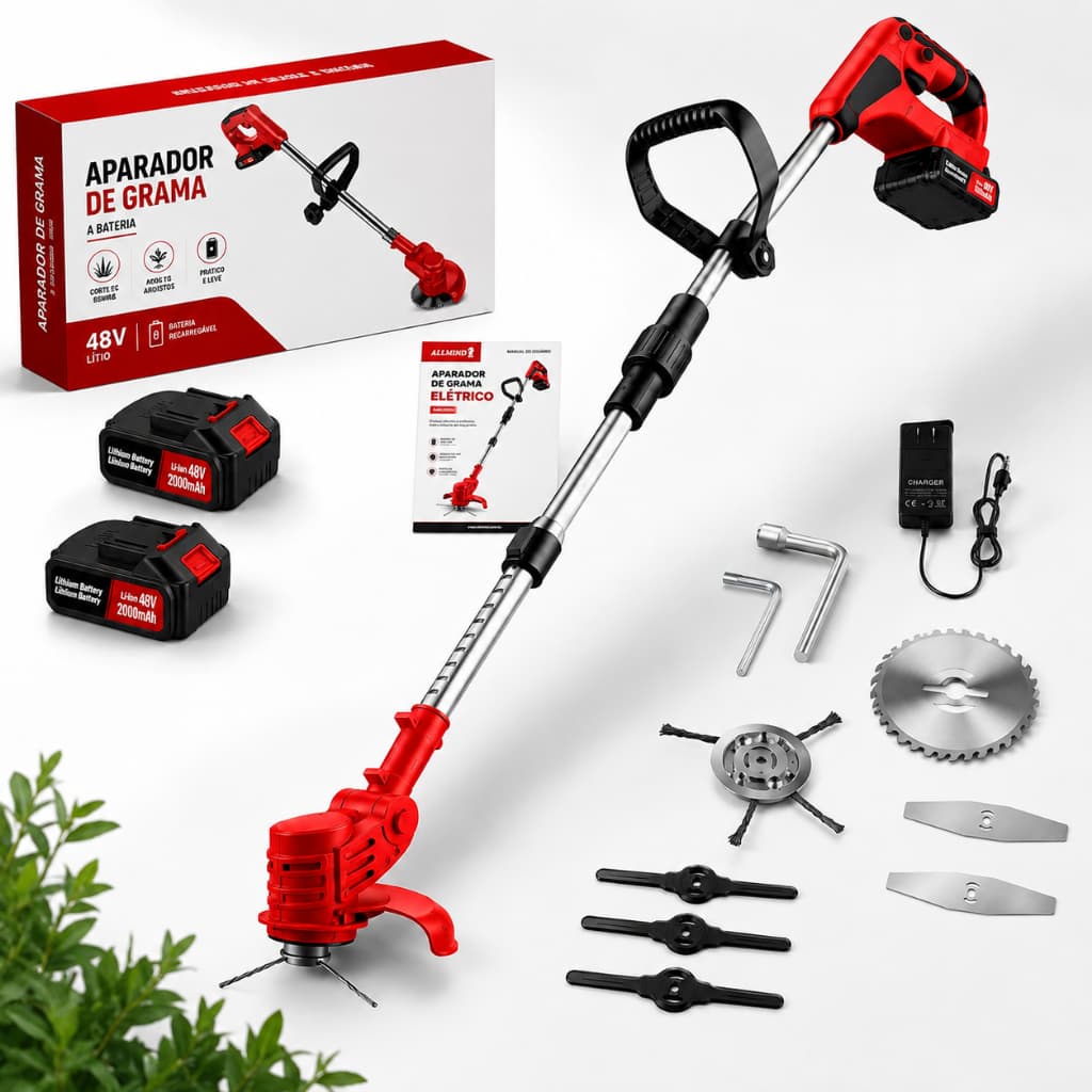 Aparador de Grama 48V a Bateria Sem Fio 1580W Multifuncional Bipartido com Carrinho Completo