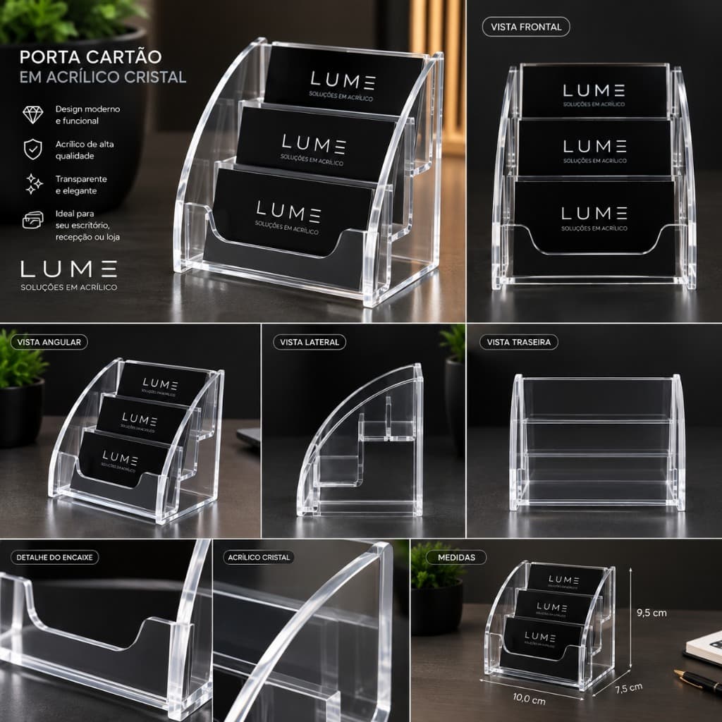Porta Cartão de Visita Acrílico Cristal 3 Divisórias Organizador LUME