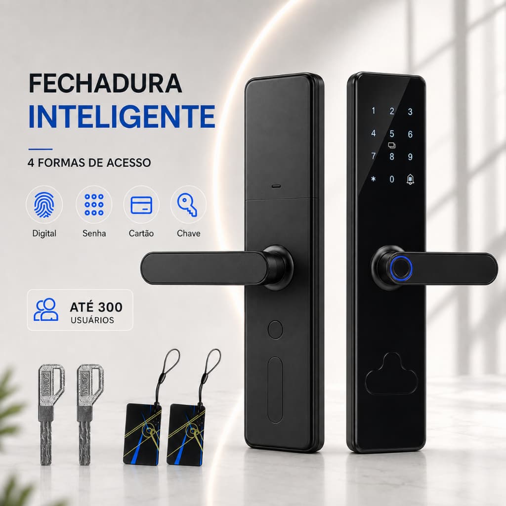 Fechadura Digital 4 em 1 com Biometria, Senha, Cartão e Chave - 300 Usuários, Alarme Antiarrombamento, Offline