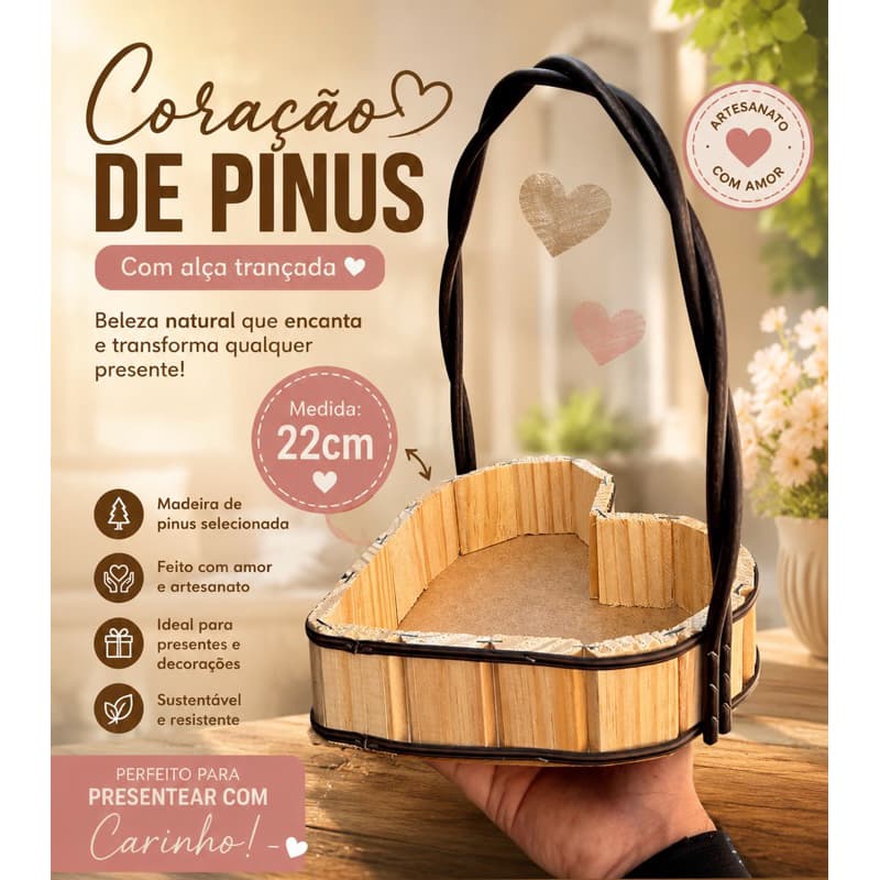 Kit C/5 Cesta Artesanal em Formato de Coração 22cm com 2 Alças Trançadas