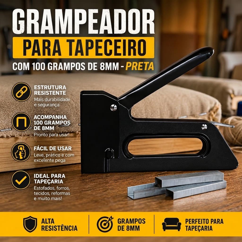 Grampeador Para Tapeceiro Profissional com 100 Grampos de 8mm - Preta Reparos
