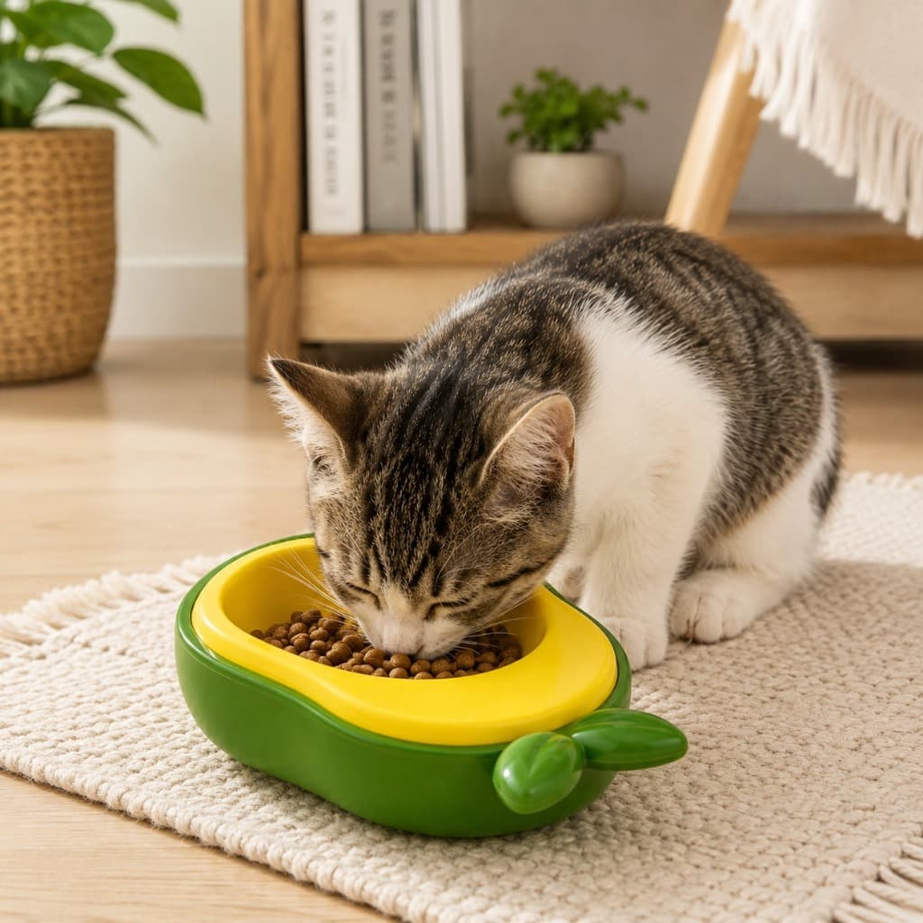 Comedouro Pet Abacate 3 em 1 Ração Água Patê Churu Cães Gatos com Colher Prático Resistente Fácil Limpeza