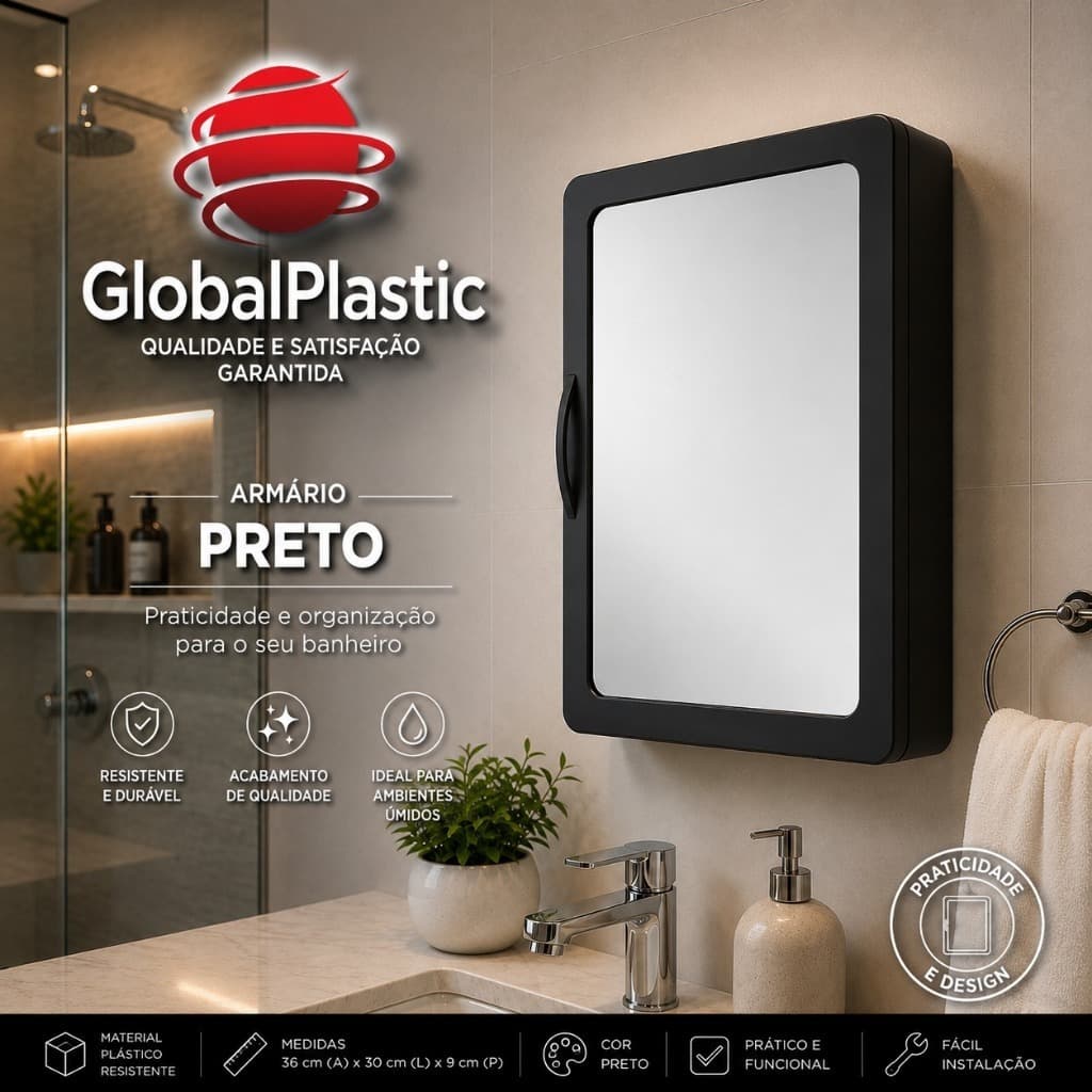 Armário Banheiro Espelho Vidro 2mm Preto Premium Moldura Preto Sobrepor Plástico Espelheira Embutir Parafusos e Buchas