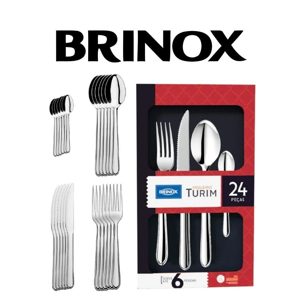 Faqueiro Brinox Turim 24 Peças Aço Inox Jogo de Talheres Faca Garfo Colher Sobremesa Mesa Posta Jantar Casa Nova