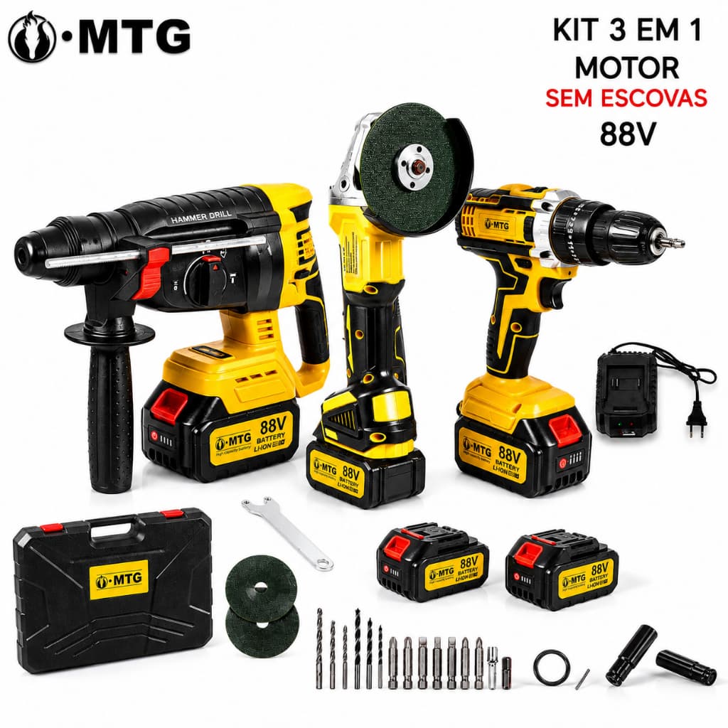 Kit MTG 3 Ferramentas Brushless 88V com 2 Baterias: Furadeira, Esmerilhadeira e Martelete + Maleta e Acessórios