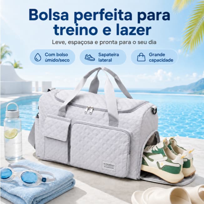 Bolsa Academia Grande Capacidade Leve com Sapateira Separação Úmido Seco Bolsa para Piscina Natação Praia Fitness Esport