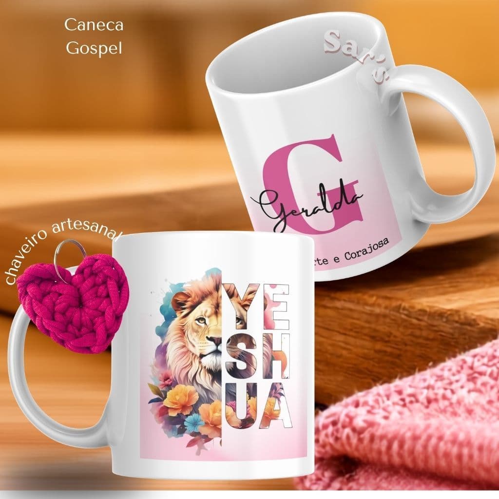 Caneca Personalizada 325ml  - leão de Judá/Nome +caixinha coração + chaveiro artesanal - Porcelana