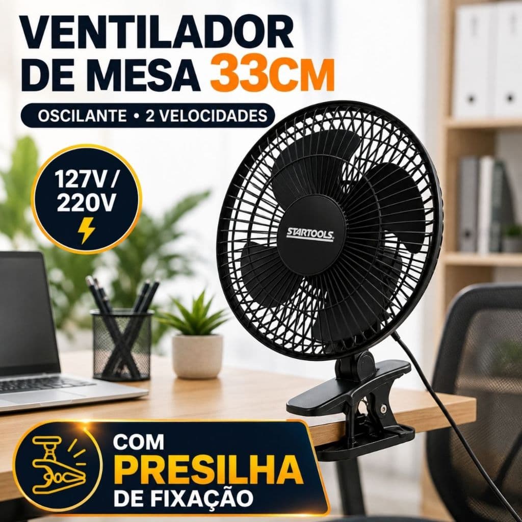 Ventilador de Mesa 33cm 25W 127V/220V com Presilha Clip Oscilante 2 Velocidades Portátil