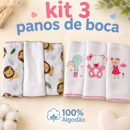 Kit 3 Panos de Boca Bebê 34x40cm em Tecido Fralda Luxo Estampado