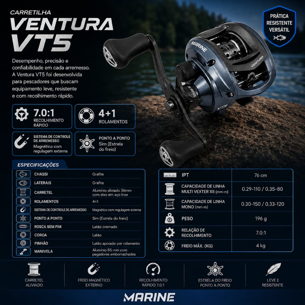 Carretilha De Pesca Marine Sports New Ventura Vt5 - 5 Rolamentos - Drag: 4kg - Recolhimento 7.0:1