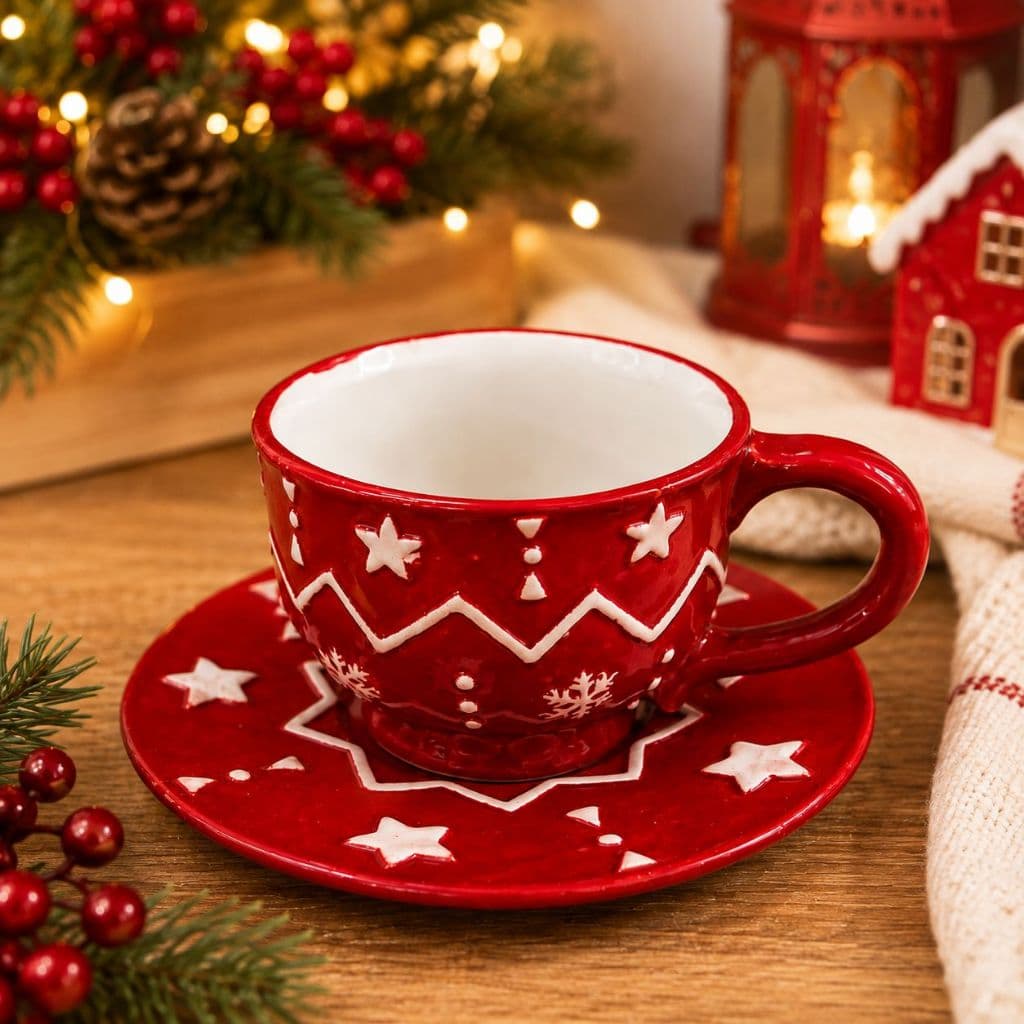 Xícara de Natal com Pires em Porcelana Vermelha Decorada Estrelas Flocos de Neve Café Chá Mesa Posta