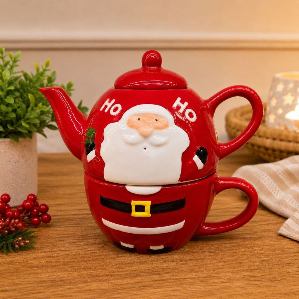 Conjunto Bule e Xícara de Natal Papai Noel em Porcelana Vermelha Kit Natalino para Chá Café Decorado