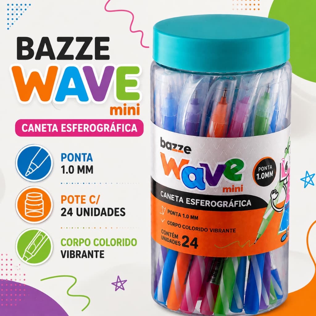 Caneta Esferográfica Ponta Fina 1mm Colorida Bazze Wave Mini Pote 24 Uni Material Escolar Papelaria