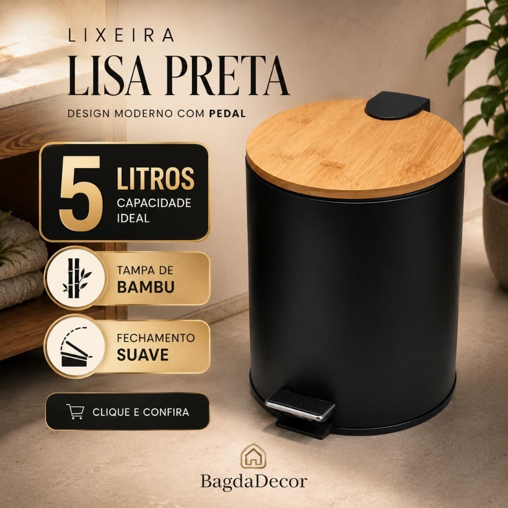 Lixeira Preta 5L com Pedal Tampa de Bambu Fechamento Suave Banheiro Cozinha Escritório Compacta
